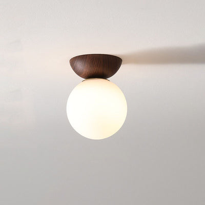 Traditional Japanese Iron Wood Glass Round 1-Light Semi-Flush Mount Ceiling Light For Hallway