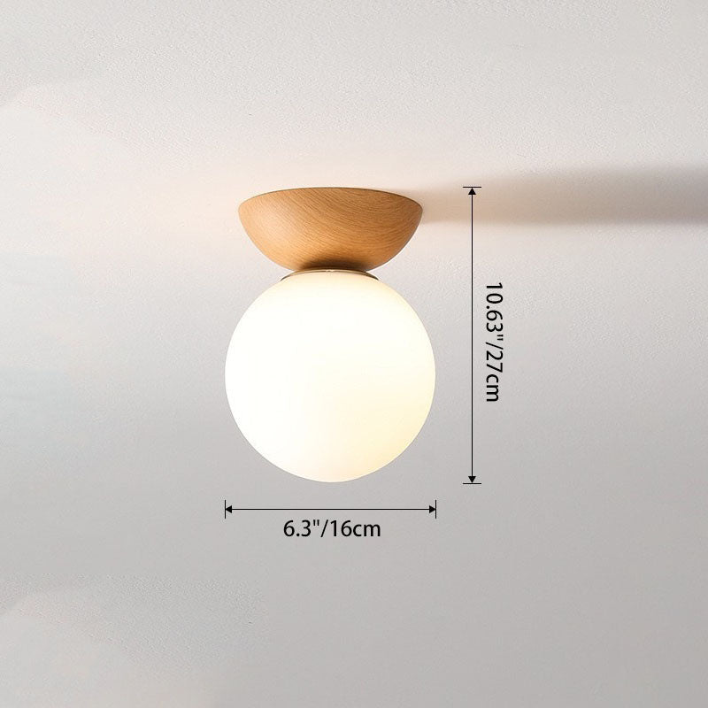 Traditional Japanese Iron Wood Glass Round 1-Light Semi-Flush Mount Ceiling Light For Hallway