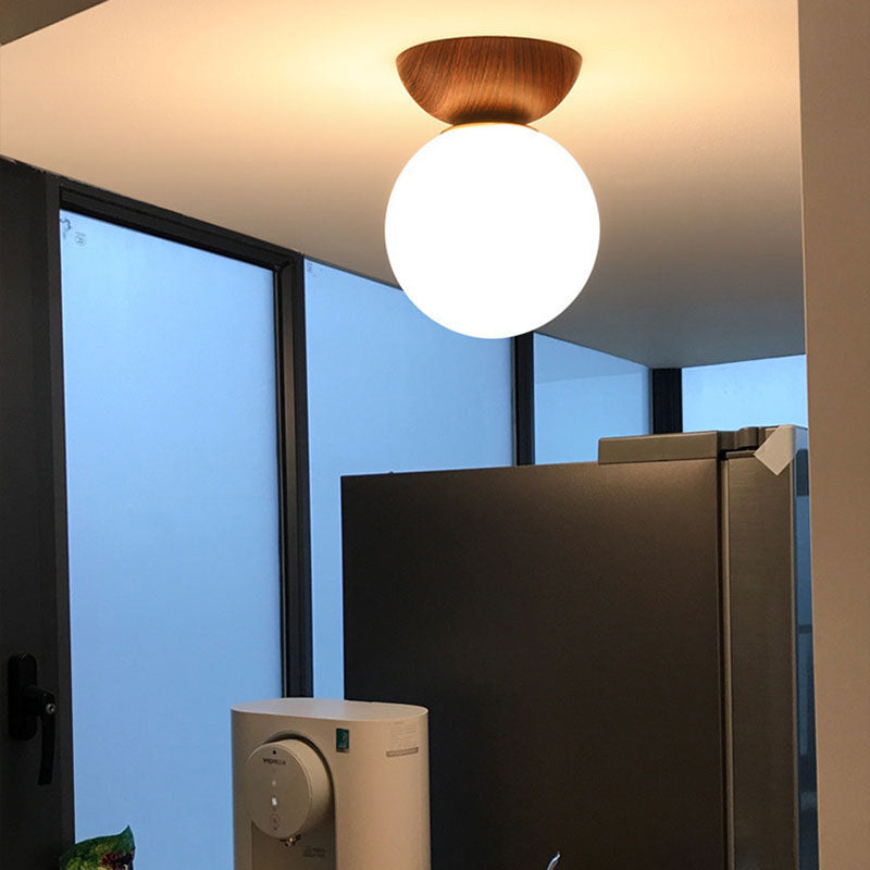 Traditional Japanese Iron Wood Glass Round 1-Light Semi-Flush Mount Ceiling Light For Hallway