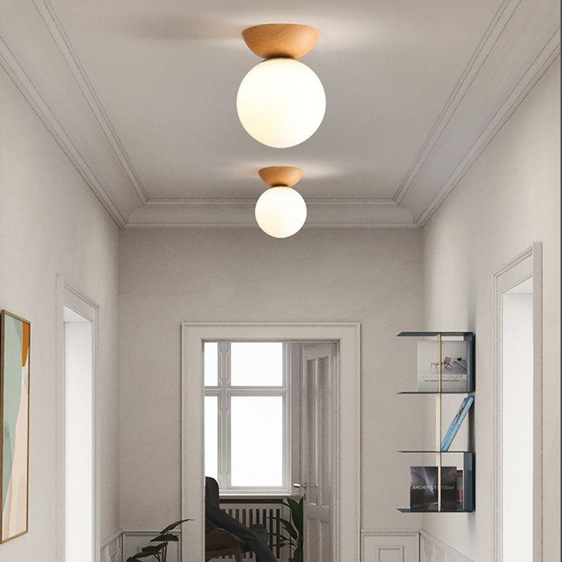 Traditional Japanese Iron Wood Glass Round 1-Light Semi-Flush Mount Ceiling Light For Hallway