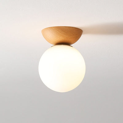 Traditional Japanese Iron Wood Glass Round 1-Light Semi-Flush Mount Ceiling Light For Hallway
