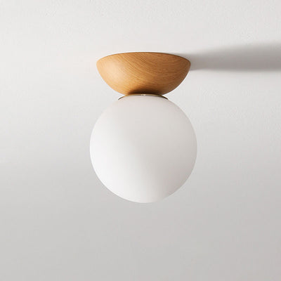 Traditional Japanese Iron Wood Glass Round 1-Light Semi-Flush Mount Ceiling Light For Hallway