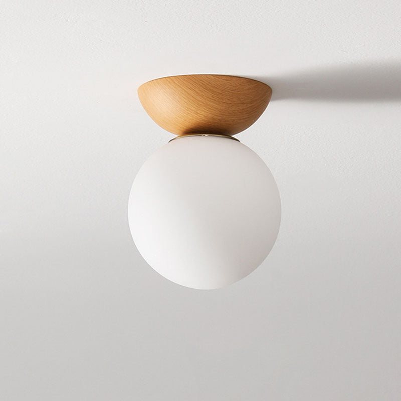 Traditional Japanese Iron Wood Glass Round 1-Light Semi-Flush Mount Ceiling Light For Hallway