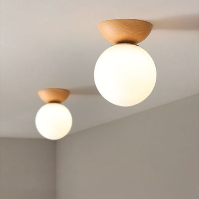 Traditional Japanese Iron Wood Glass Round 1-Light Semi-Flush Mount Ceiling Light For Hallway