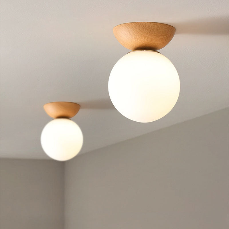 Traditional Japanese Iron Wood Glass Round 1-Light Semi-Flush Mount Ceiling Light For Hallway