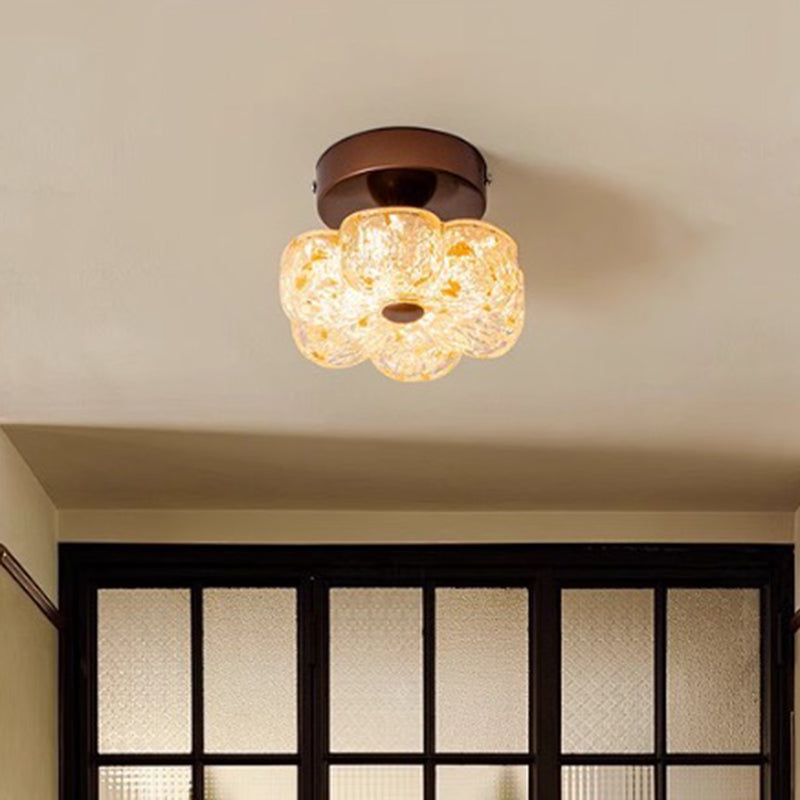 Traditional French Carbon Steel Resin Petal Gold Foil LED Semi-Flush Mount Ceiling Light For Entryway
