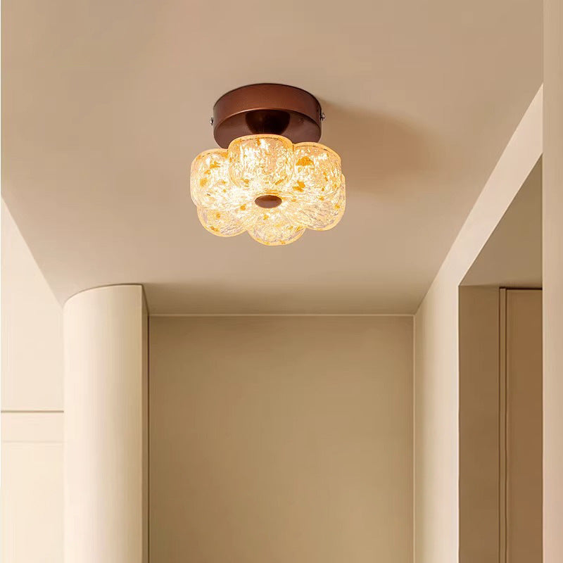 Traditional French Carbon Steel Resin Petal Gold Foil LED Semi-Flush Mount Ceiling Light For Entryway