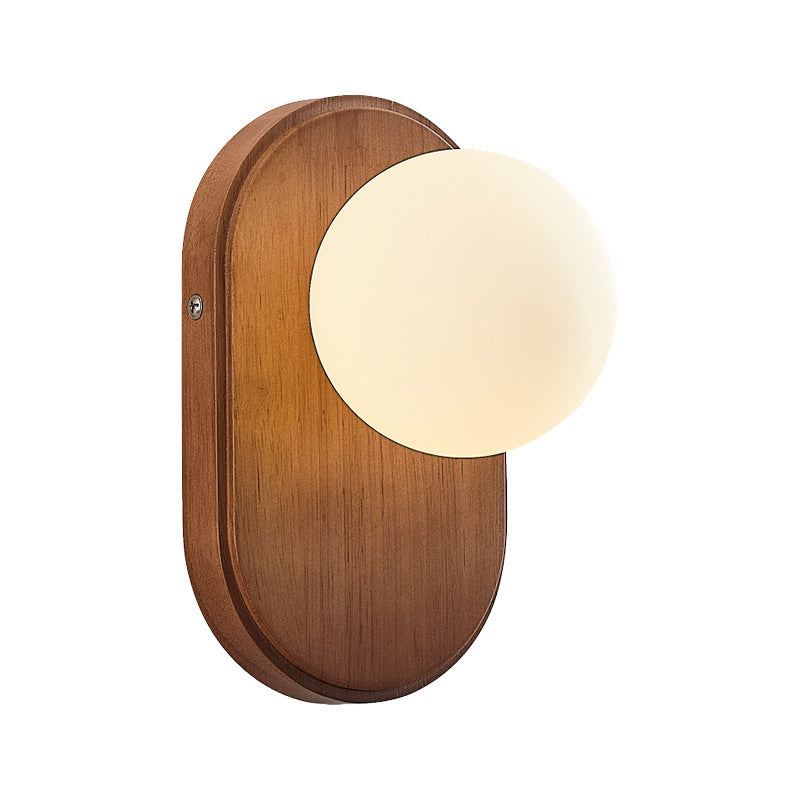 Traditional Japanese Wood Glass Round 1-Light Wall Sconce Lamp For Bedroom