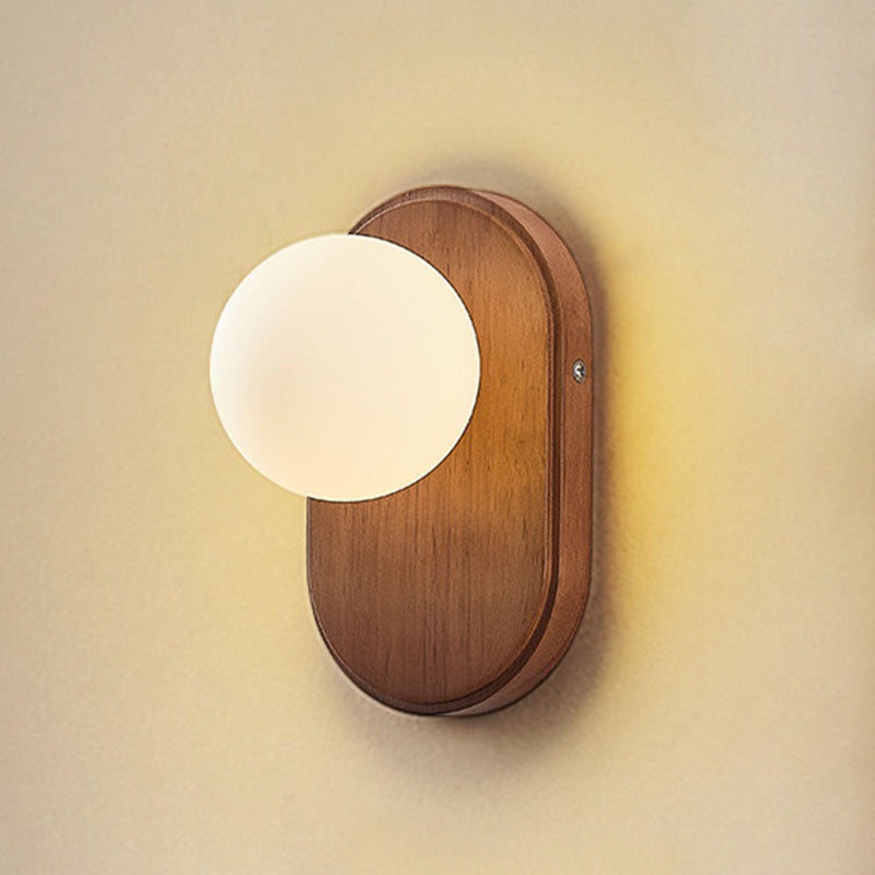 Traditional Japanese Wood Glass Round 1-Light Wall Sconce Lamp For Bedroom