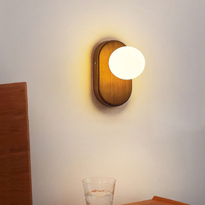 Traditional Japanese Wood Glass Round 1-Light Wall Sconce Lamp For Bedroom