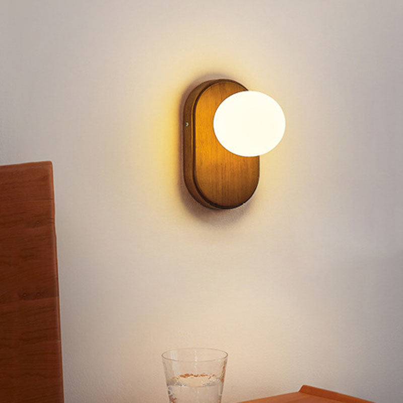 Traditional Japanese Wood Glass Round 1-Light Wall Sconce Lamp For Bedroom