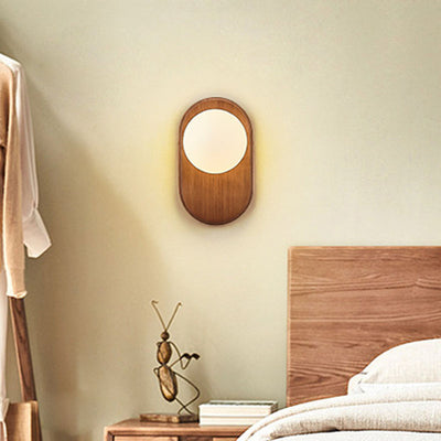 Traditional Japanese Wood Glass Round 1-Light Wall Sconce Lamp For Bedroom