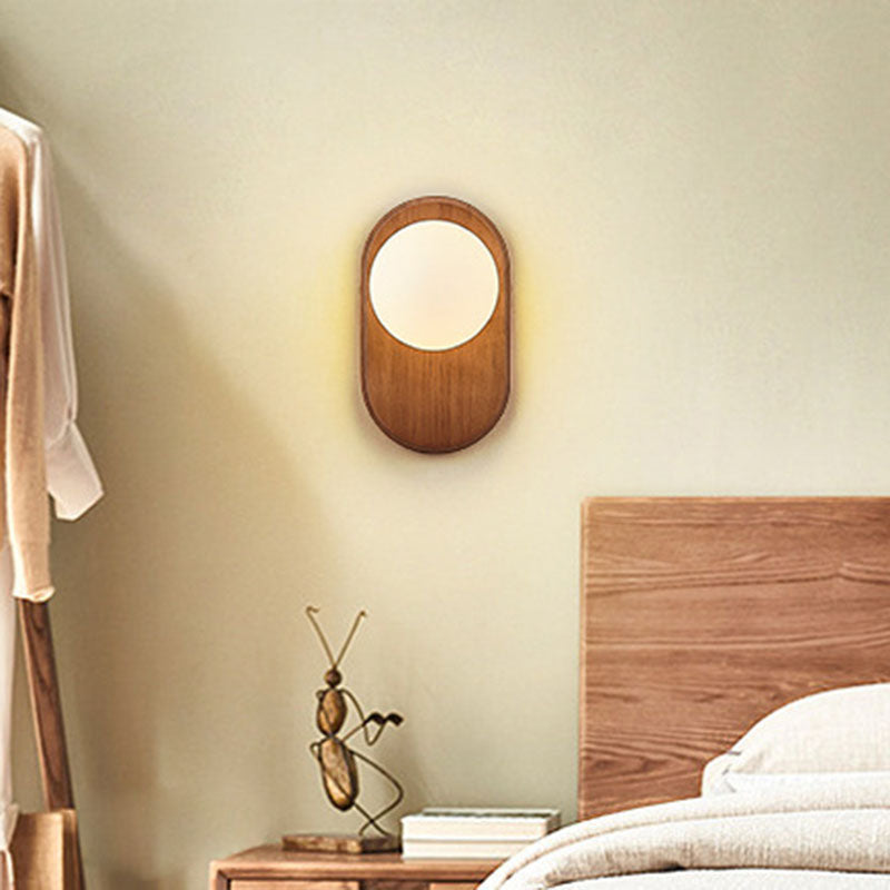 Traditional Japanese Wood Glass Round 1-Light Wall Sconce Lamp For Bedroom