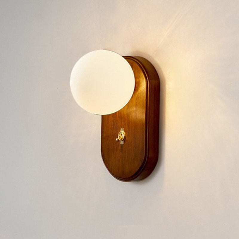 Traditional Japanese Wood Glass Round 1-Light Wall Sconce Lamp For Bedroom