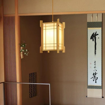Traditional Japanese Wood PVC Square Lantern 1-Light Pendant Light For Hallway