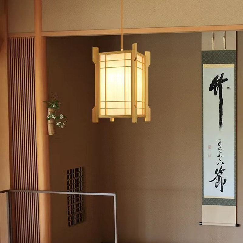 Traditional Japanese Wood PVC Square Lantern 1-Light Pendant Light For Hallway