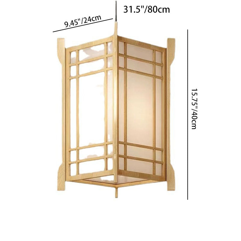 Traditional Japanese Wood PVC Square Lantern 1-Light Pendant Light For Hallway