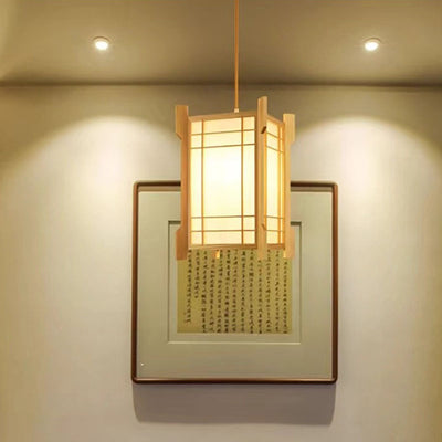 Traditional Japanese Wood PVC Square Lantern 1-Light Pendant Light For Hallway