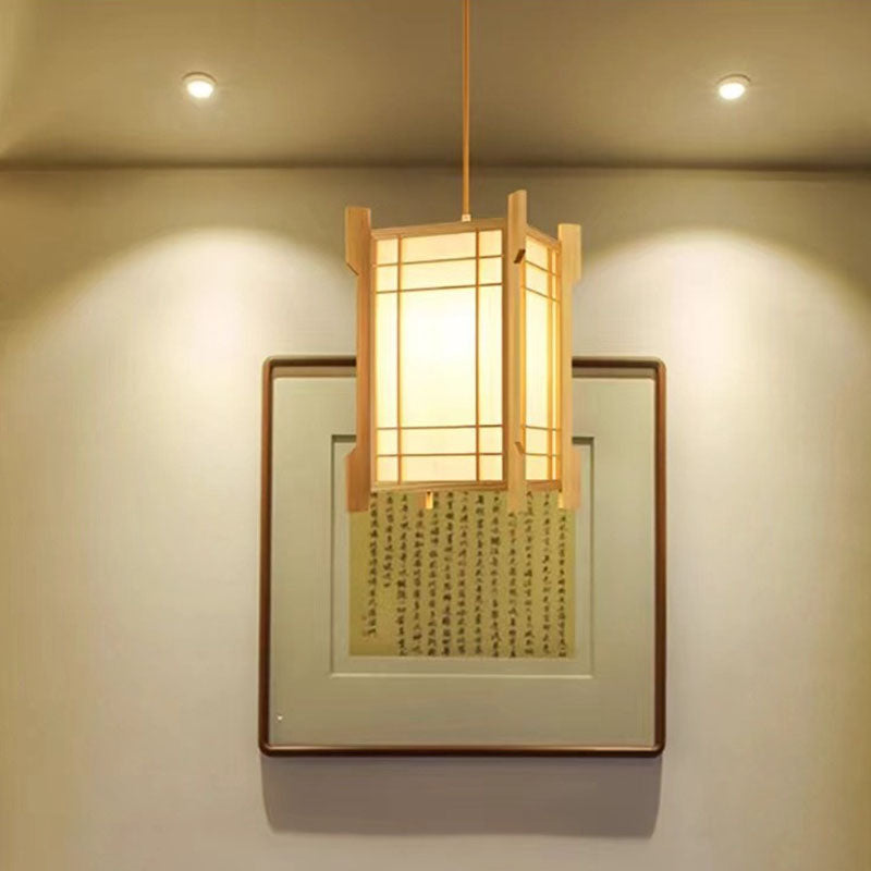 Traditional Japanese Wood PVC Square Lantern 1-Light Pendant Light For Hallway