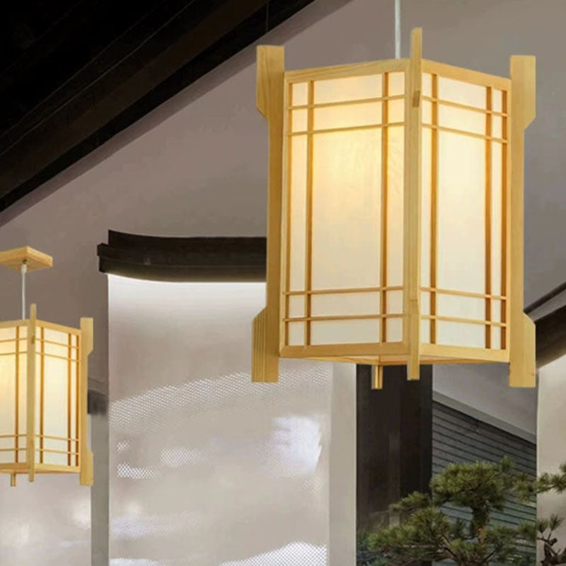 Traditional Japanese Wood PVC Square Lantern 1-Light Pendant Light For Hallway