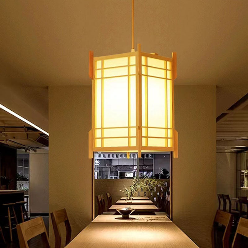 Traditional Japanese Wood PVC Square Lantern 1-Light Pendant Light For Hallway
