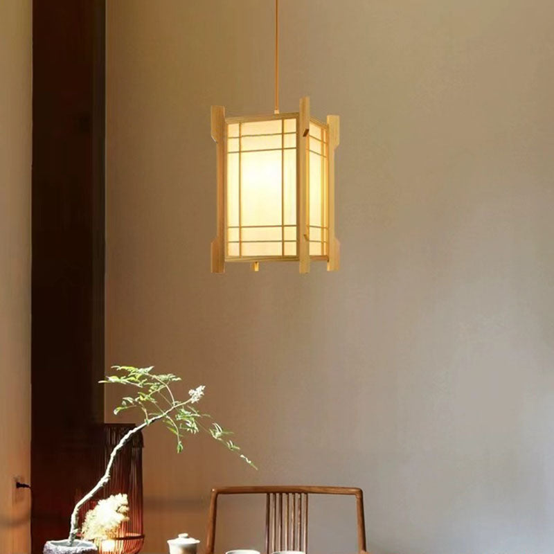 Traditional Japanese Wood PVC Square Lantern 1-Light Pendant Light For Hallway