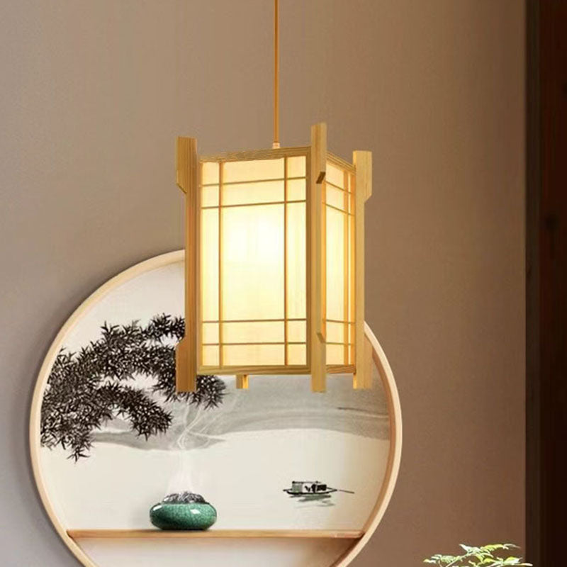 Traditional Japanese Wood PVC Square Lantern 1-Light Pendant Light For Hallway