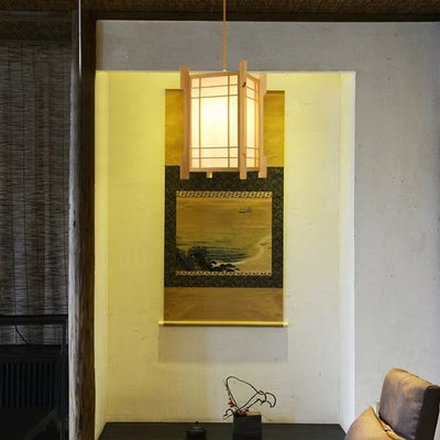 Traditional Japanese Wood PVC Square Lantern 1-Light Pendant Light For Hallway