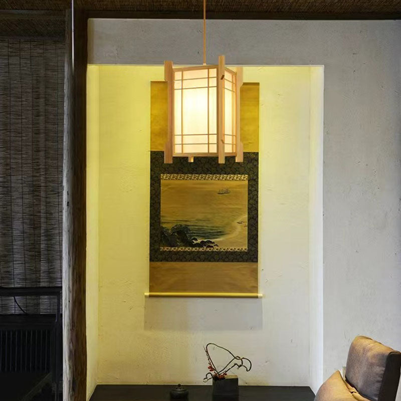 Traditional Japanese Wood PVC Square Lantern 1-Light Pendant Light For Hallway