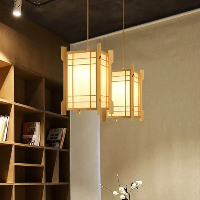 Traditional Japanese Wood PVC Square Lantern 1-Light Pendant Light For Hallway