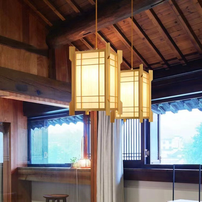 Traditional Japanese Wood PVC Square Lantern 1-Light Pendant Light For Hallway