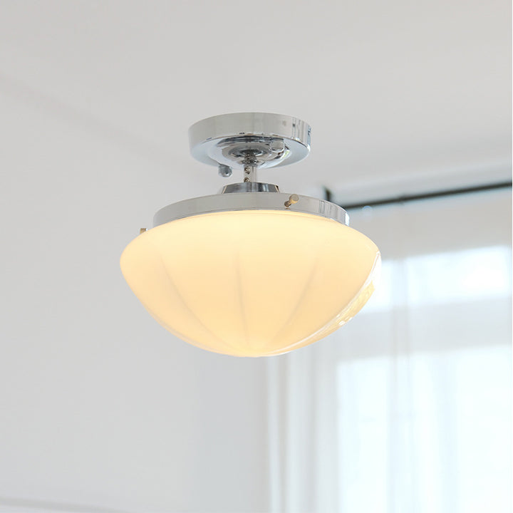 Traditionelle Vintage Eisen Glas Creme Runde 1-Licht Semi-Flush Mount Deckenleuchte Für Flur 