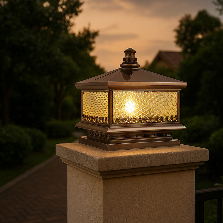 Traditionelle chinesische wasserdichte Kupfer-Glas-Quadrat-LED 1-Licht-Landschaftsbeleuchtung Außenleuchte für den Garten 