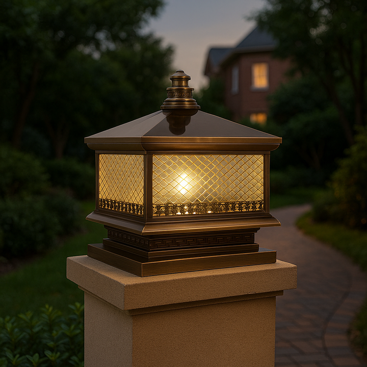 Traditionelle chinesische wasserdichte Kupfer-Glas-Quadrat-LED 1-Licht-Landschaftsbeleuchtung Außenleuchte für den Garten 