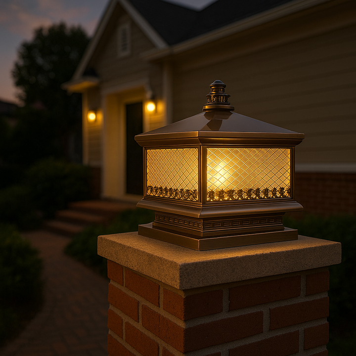 Traditionelle chinesische wasserdichte Kupfer-Glas-Quadrat-LED 1-Licht-Landschaftsbeleuchtung Außenleuchte für den Garten 
