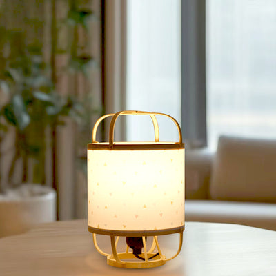 Traditional Japanese Bamboo Imitation Vellum Round 1-Light Table Lamp For Study