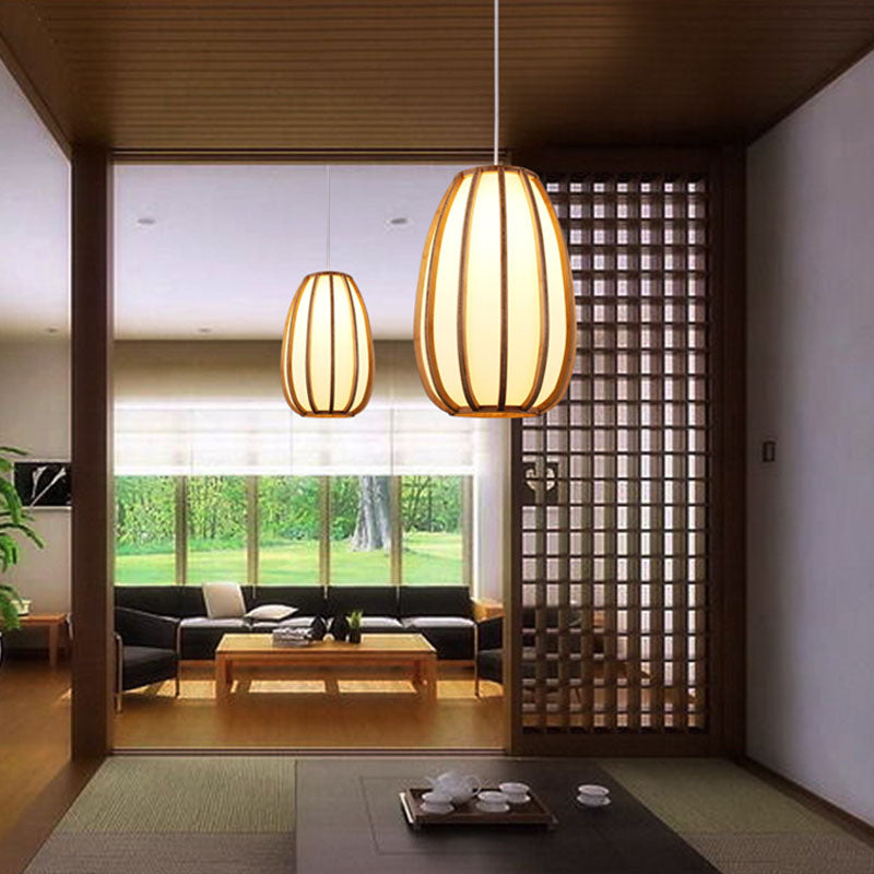 Traditional Japanese Bamboo Imitation Vellum Lantern 1-Light Pendant Light For Dining Room