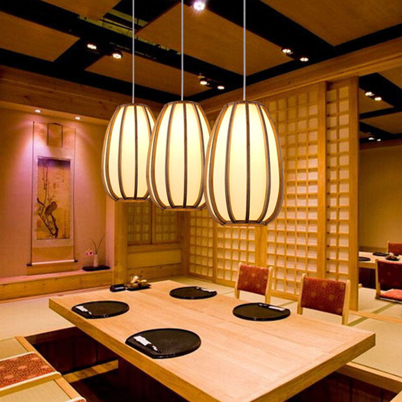 Lámpara colgante de 1 luz con linterna de imitación de vitela de bambú japonés tradicional para comedor 