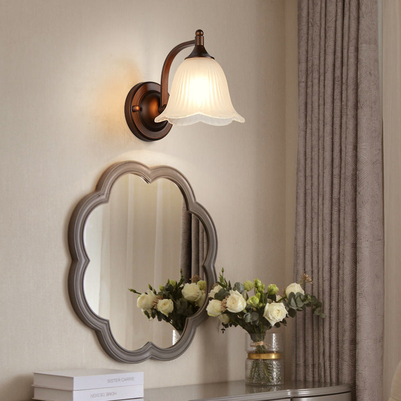 Contemporary Retro Iron Glass Lantern Flower 1-Light Wall Sconce Lamp For Living Room