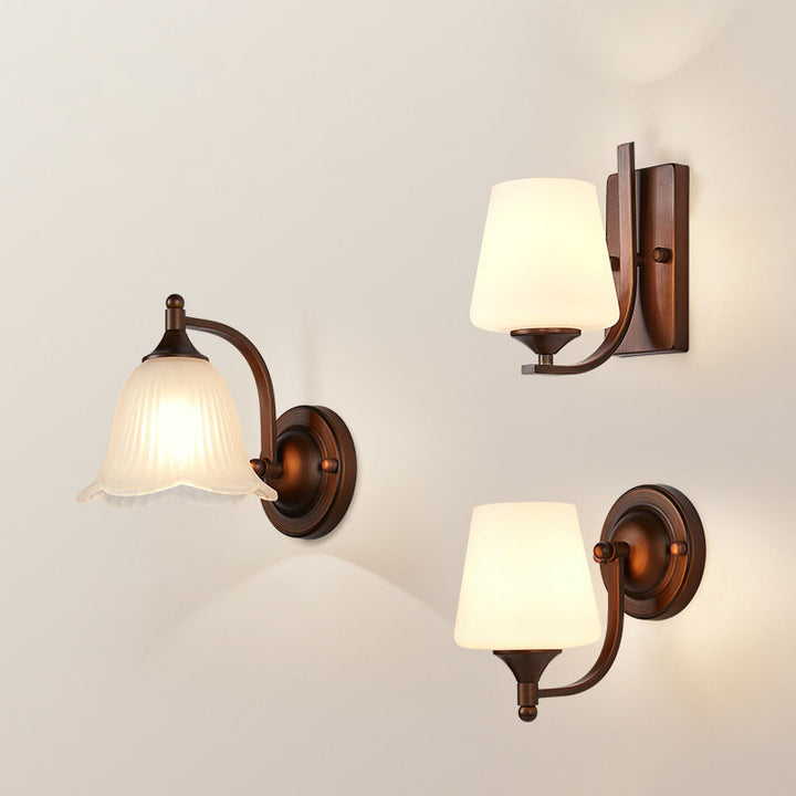 Lámpara de aplique de pared de 1 luz con flor de linterna de vidrio de hierro retro contemporáneo para sala de estar 