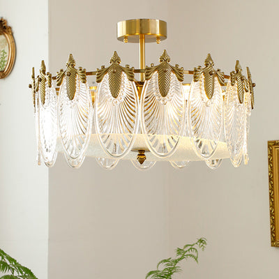 Modern Luxury Copper Iron Glass Peacock Round 5/6/8 Light Semi-Flush Mount Ceiling Light For Living Room