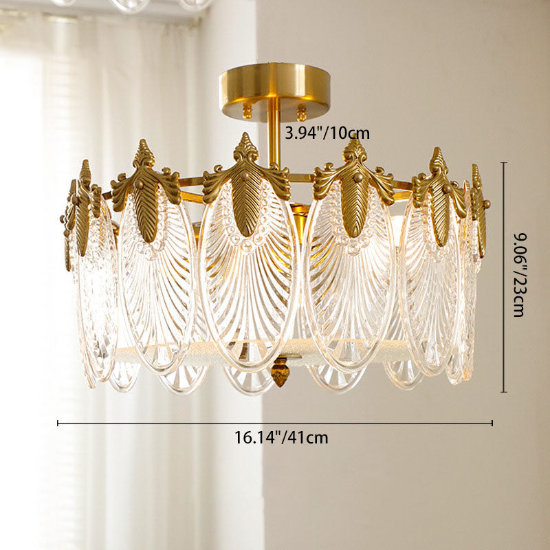Modern Luxury Copper Iron Glass Peacock Round 5/6/8 Light Semi-Flush Mount Ceiling Light For Living Room