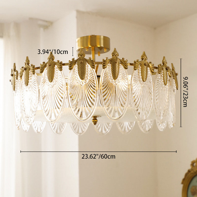 Modern Luxury Copper Iron Glass Peacock Round 5/6/8 Light Semi-Flush Mount Ceiling Light For Living Room