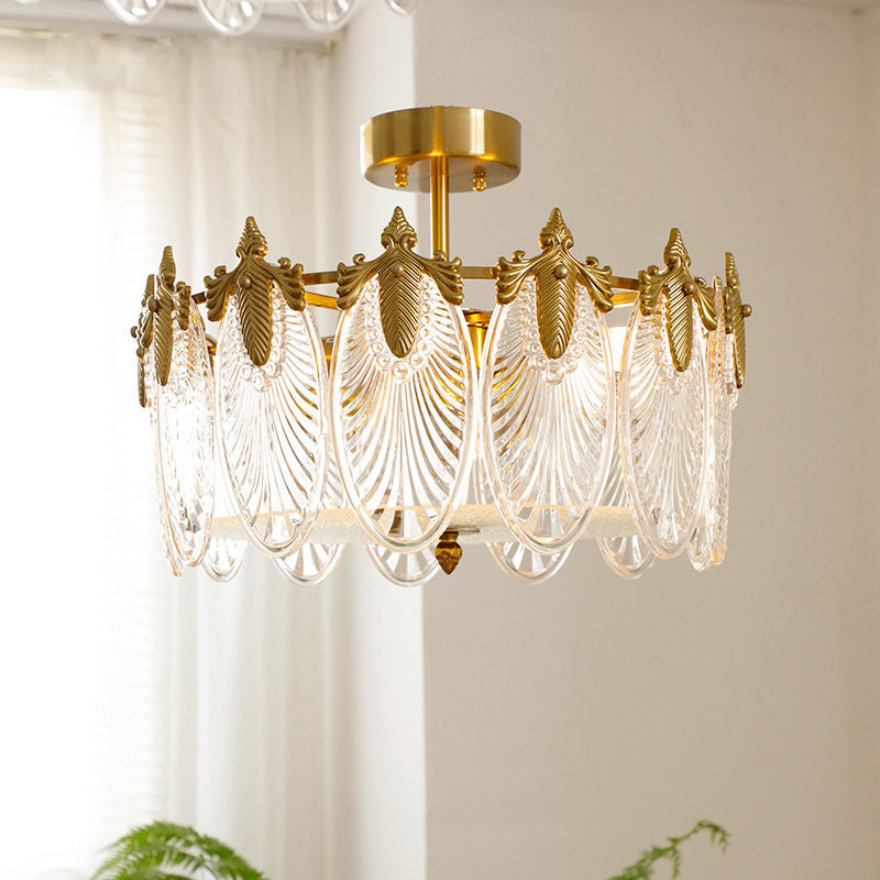 Modern Luxury Copper Iron Glass Peacock Round 5/6/8 Light Semi-Flush Mount Ceiling Light For Living Room