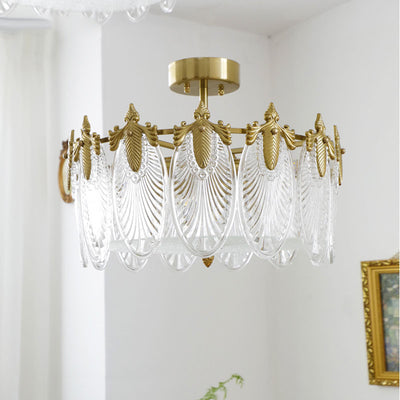 Modern Luxury Copper Iron Glass Peacock Round 5/6/8 Light Semi-Flush Mount Ceiling Light For Living Room
