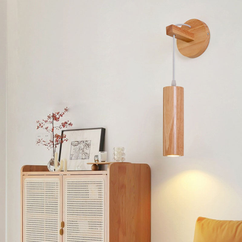 Modern Minimalist Oak Glass Cylinder LED Wall Sconce Lamp For Bedroom