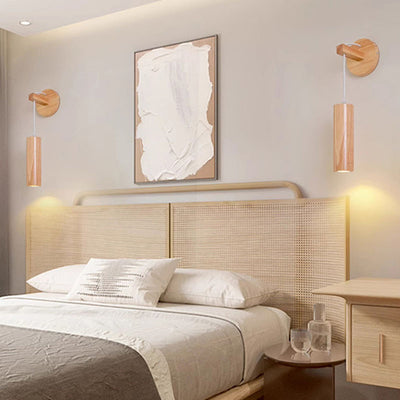 Modern Minimalist Oak Glass Cylinder LED Wall Sconce Lamp For Bedroom