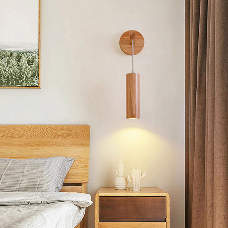 Modern Minimalist Oak Glass Cylinder LED Wall Sconce Lamp For Bedroom