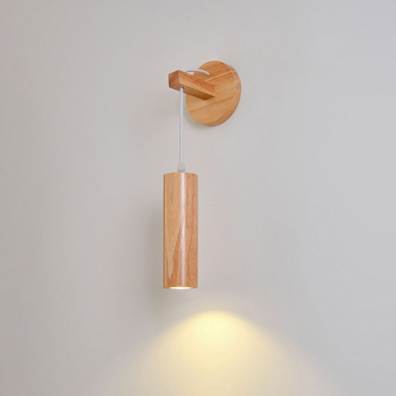 Modern Minimalist Oak Glass Cylinder LED Wall Sconce Lamp For Bedroom