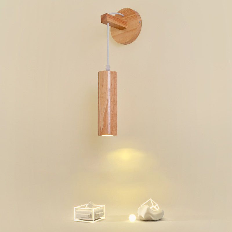 Modern Minimalist Oak Glass Cylinder LED Wall Sconce Lamp For Bedroom
